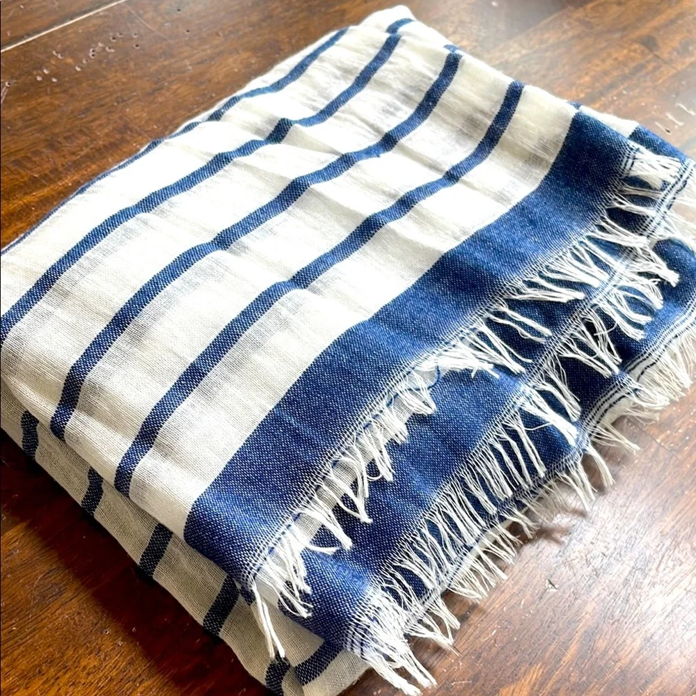 Nautical Blue White Striped Women's Fringe Scarf Shawl Wrap Blanket One Size
